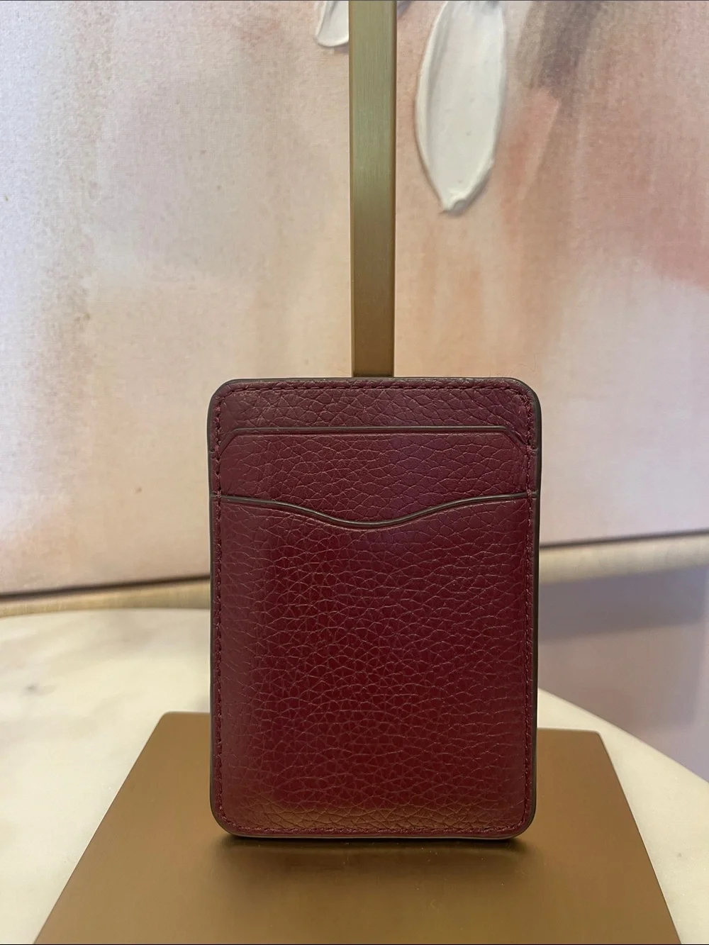 Tory Burch Burgundy Pebbled Leather Card Holder with Gold Logo